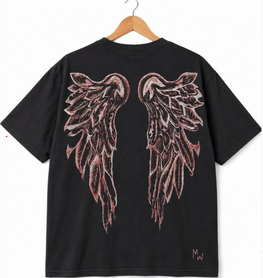 Black T-shirt with large rose-toned angel wings printed across the back
