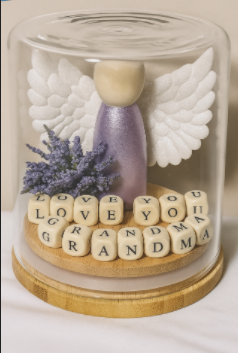 Personalized angel memorial globe with white wings, lavender, and a letter-bead message