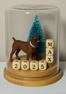 Personalized pet memorial globe with a dog, tree, name Max, and the year 2025