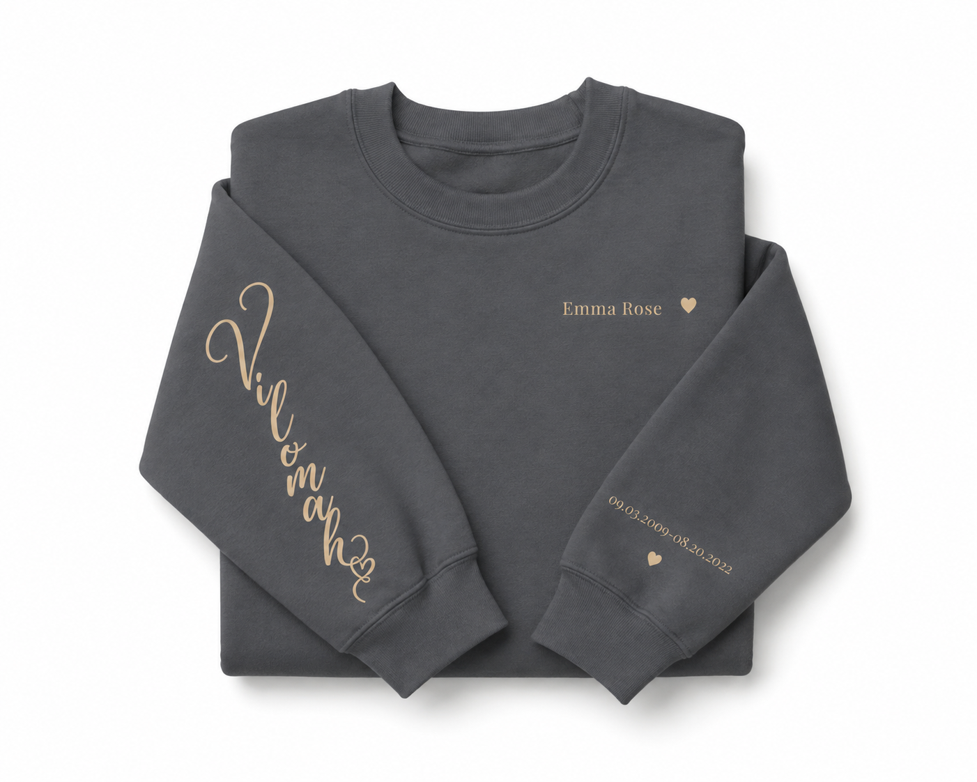 Folded charcoal memorial sweatshirt showing a personalized name, Vilomah sleeve design, and remembrance dates