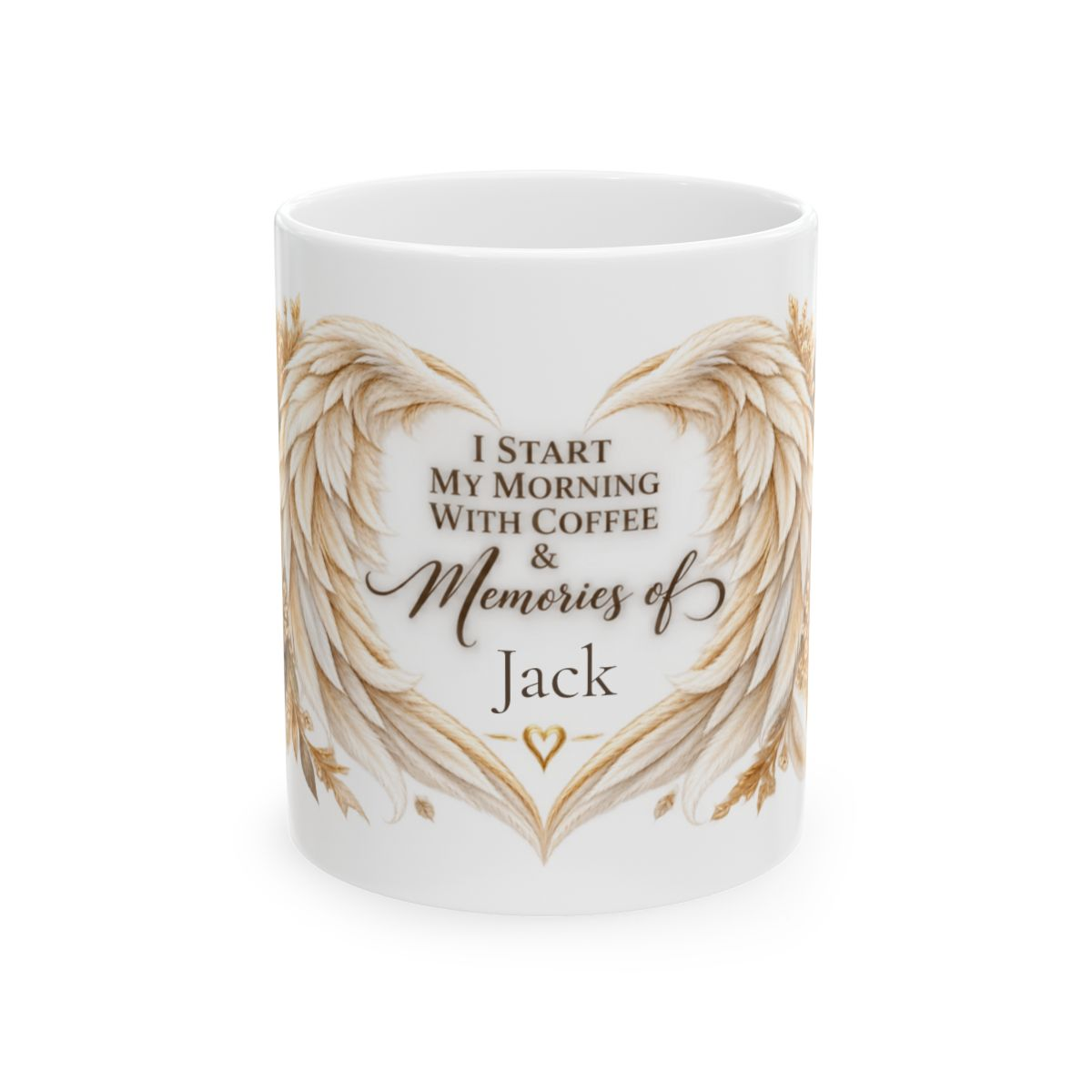 Personalized white remembrance mug with golden angel wings and coffee and memories message
