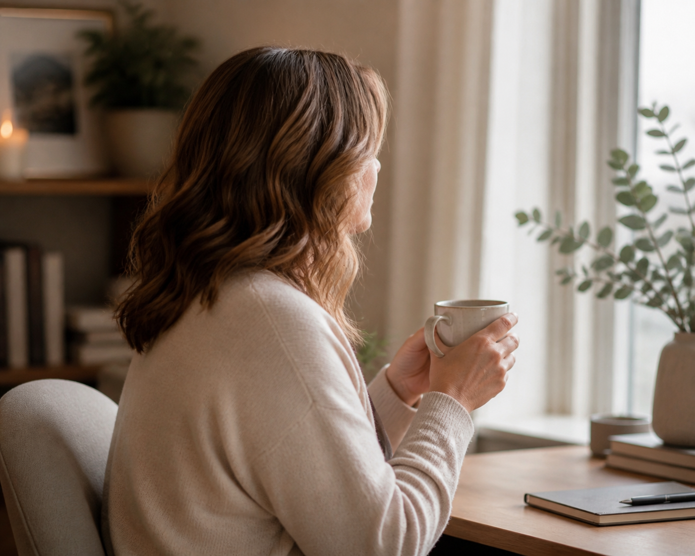 The founder of Compassion Navigator seated beside a window with a warm drink